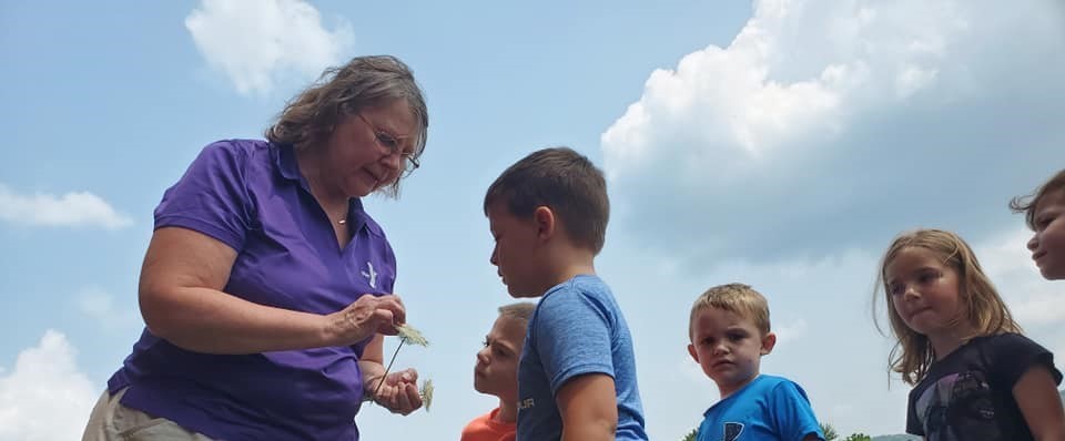 teacher showing children flower